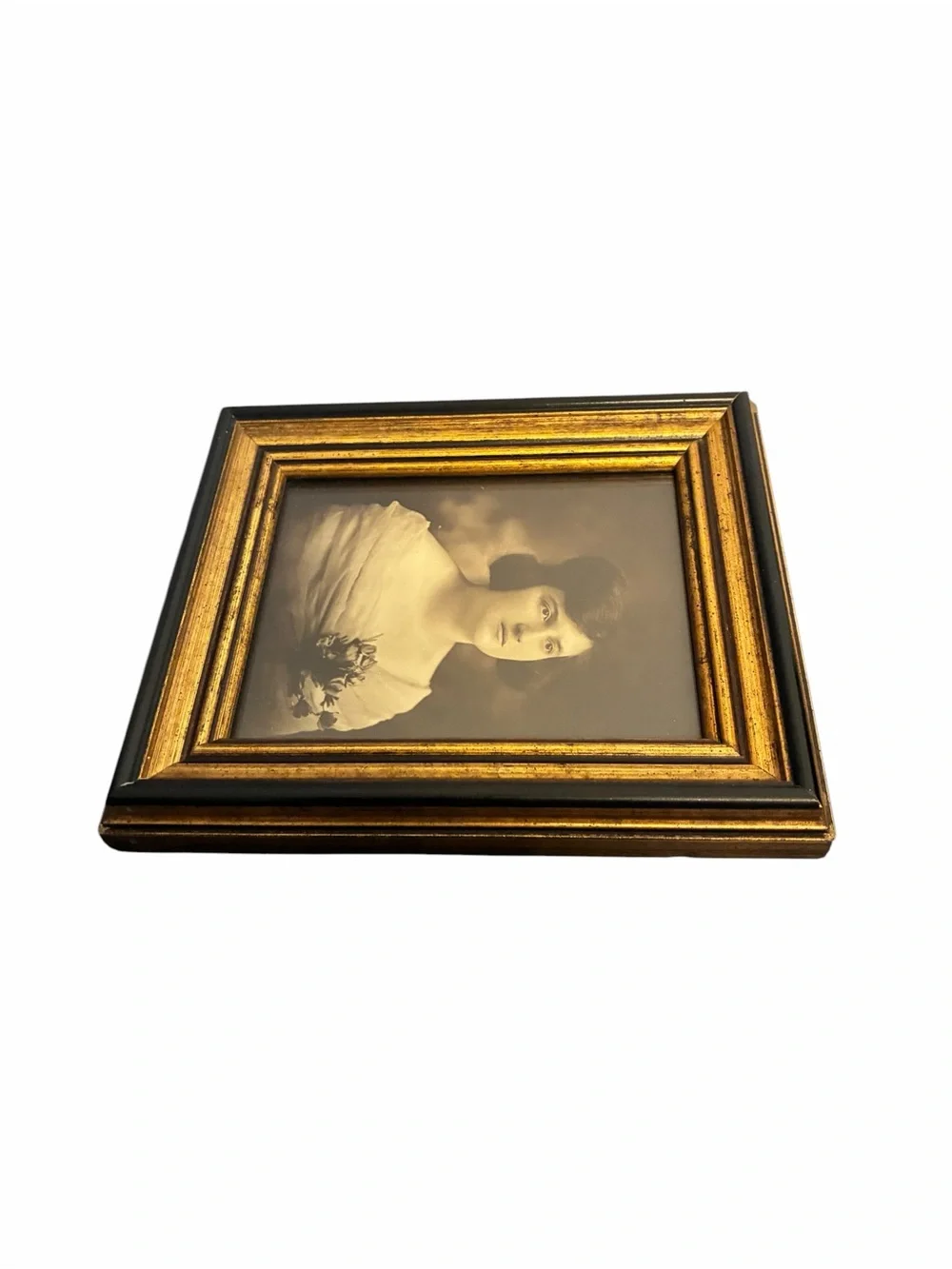 Vintage Ornate Black and Gold Framed Portrait of a Woman Sepia Wall Art